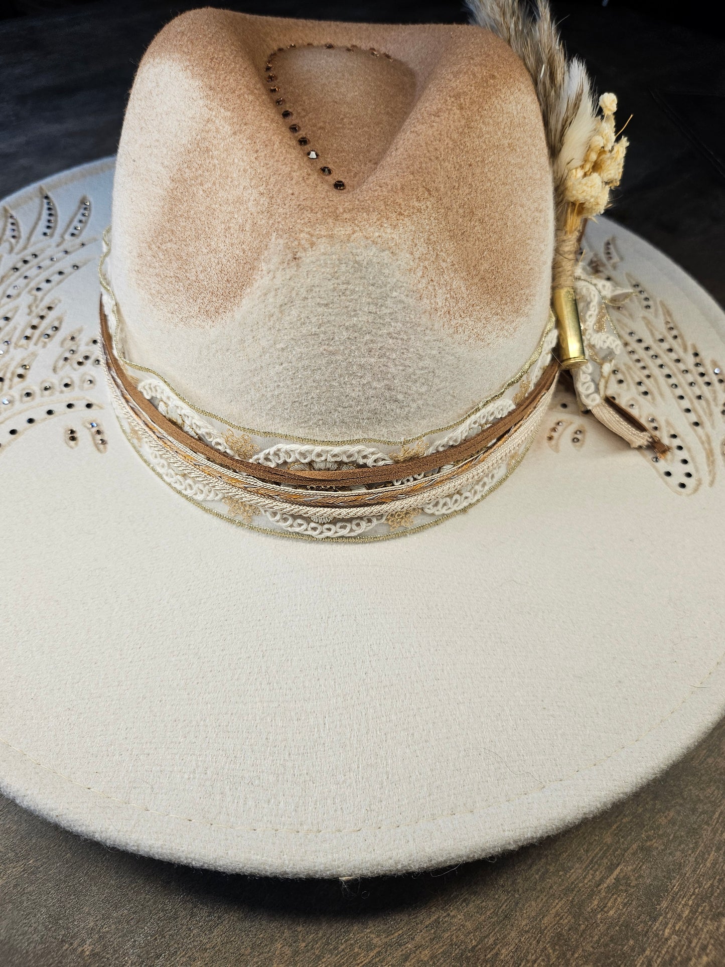 Fedora-Style Cowboy Hat Hand Burned With Wings And Rhinestones