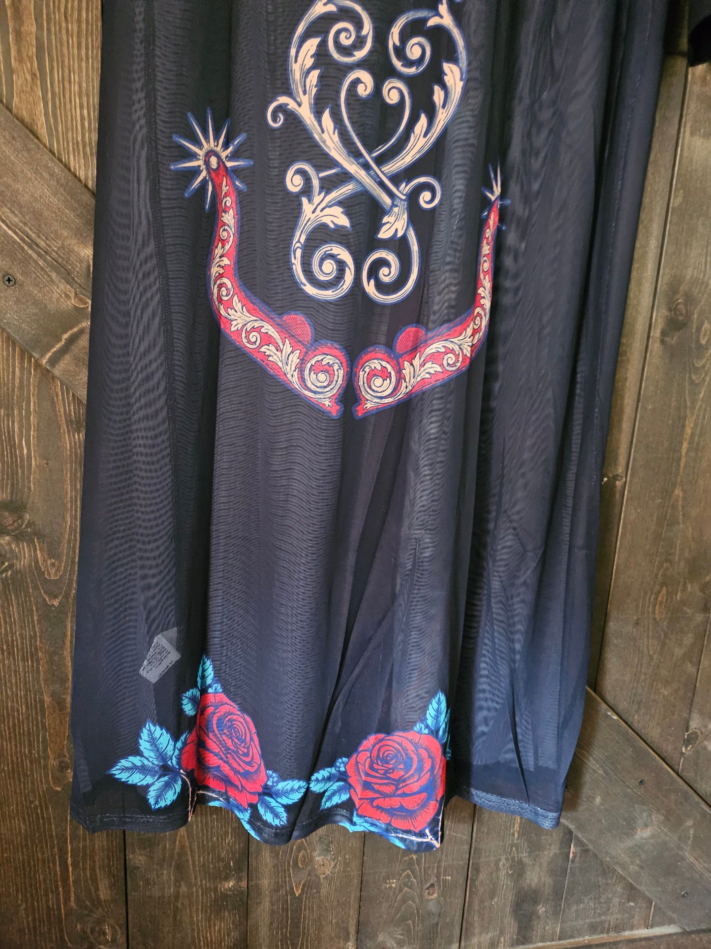 Black Horseshoe And Rose Printed Mesh Button Down Maxi Duster Dress