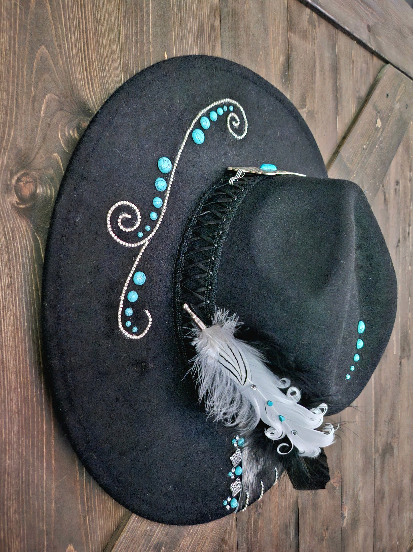 Black Western Cowhide Fedora Hat with Turquoise Accents and Rhinestones
