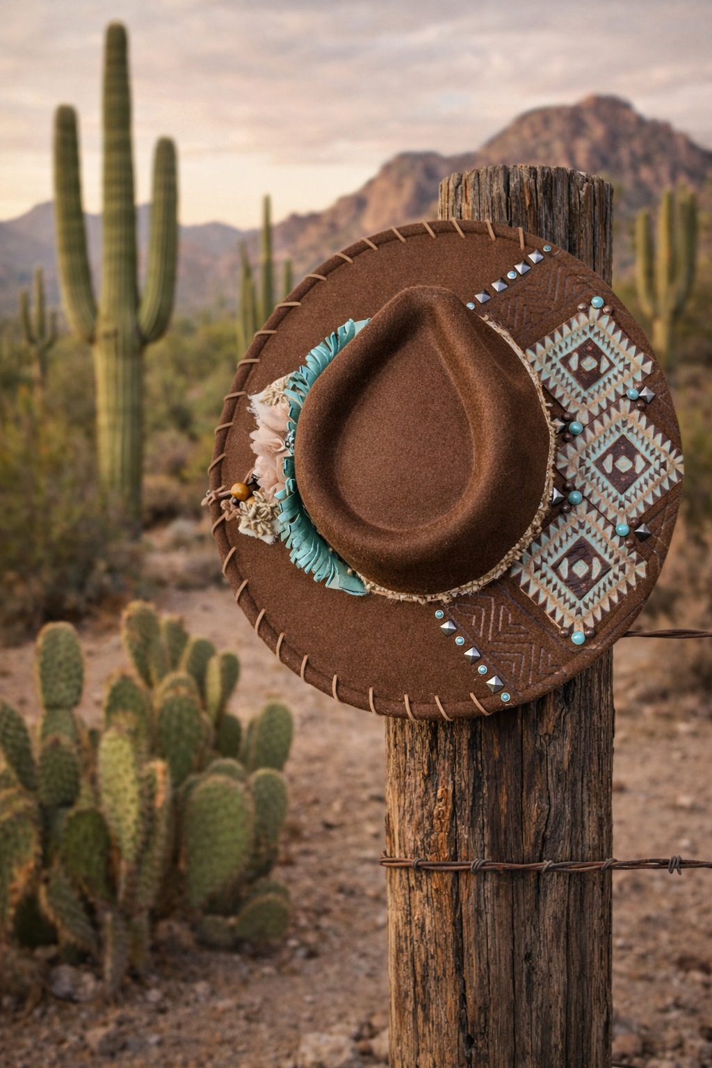 Fedora-Style Cowboy Hat Hat With Turquoise Aztec Leather & Whipstitch Brim