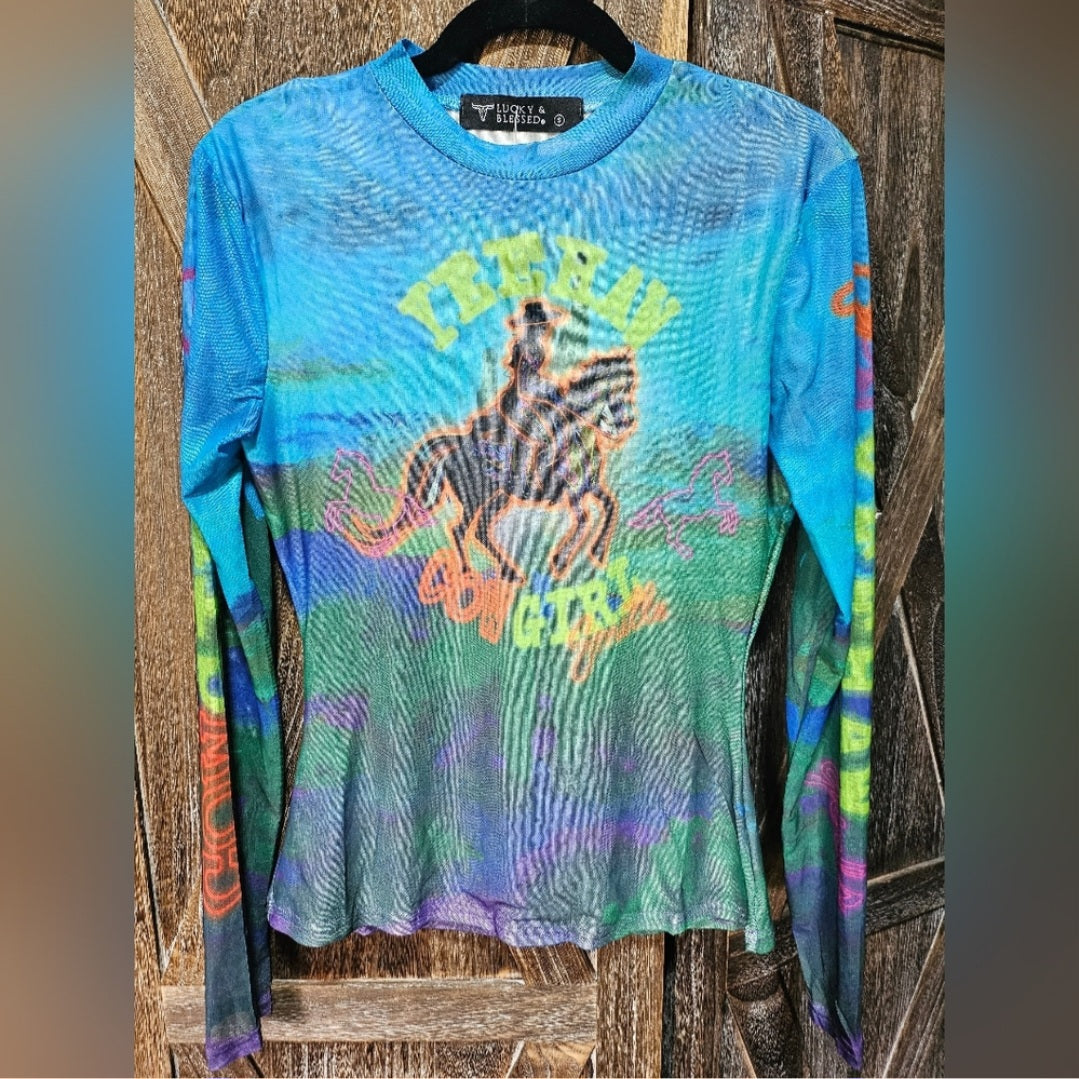 Multi Color Cowgirl Long Sleeve Mesh Top