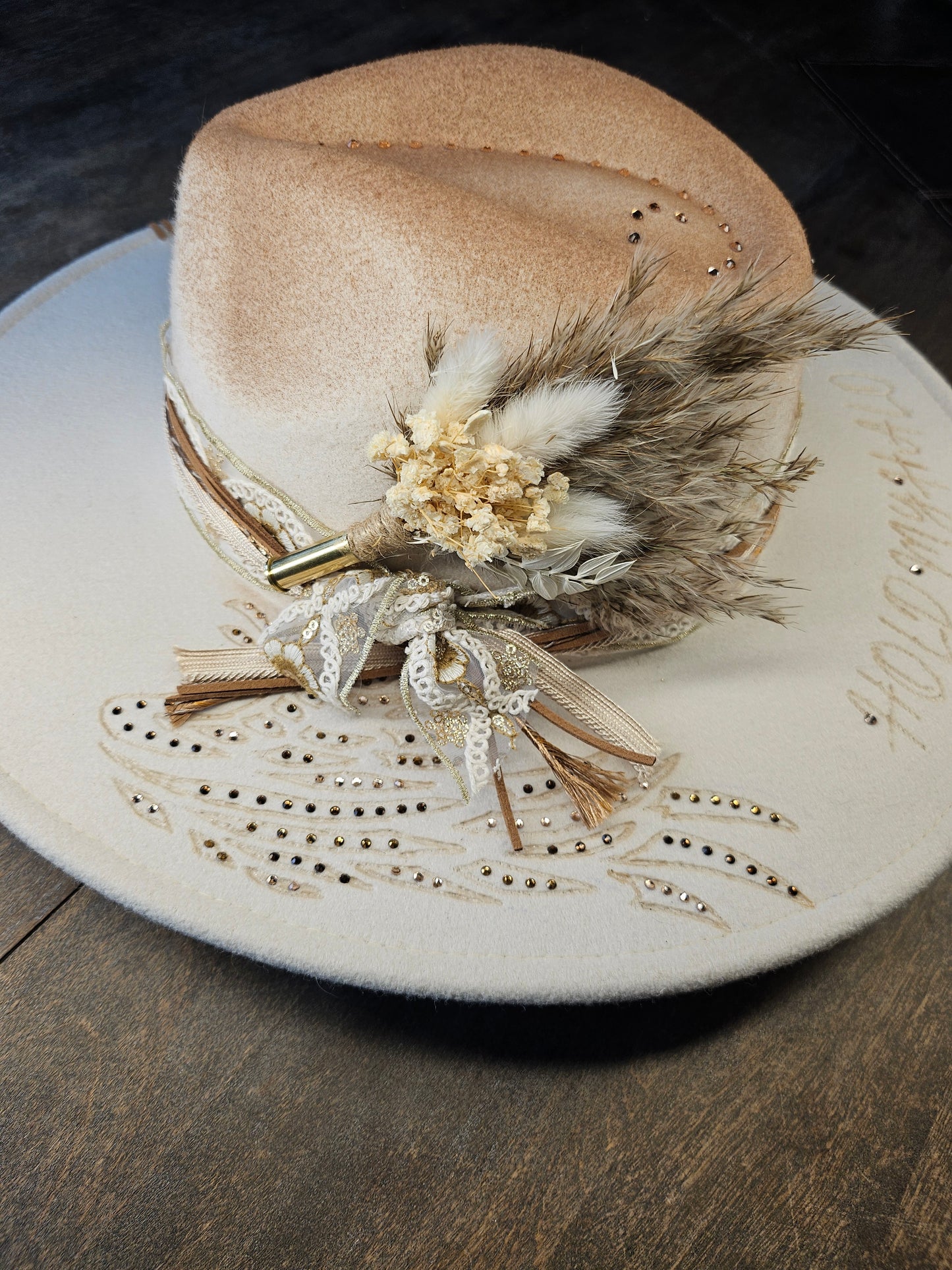 Fedora-Style Cowboy Hat Hand Burned With Wings And Rhinestones