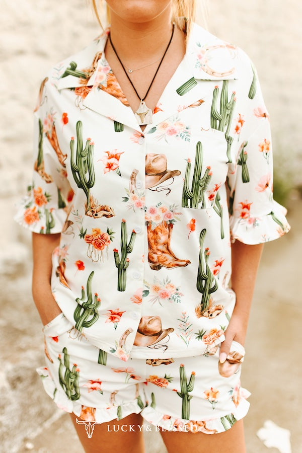 Cactus Western Printed Button Down Ruffle Sleeve Shorts Set