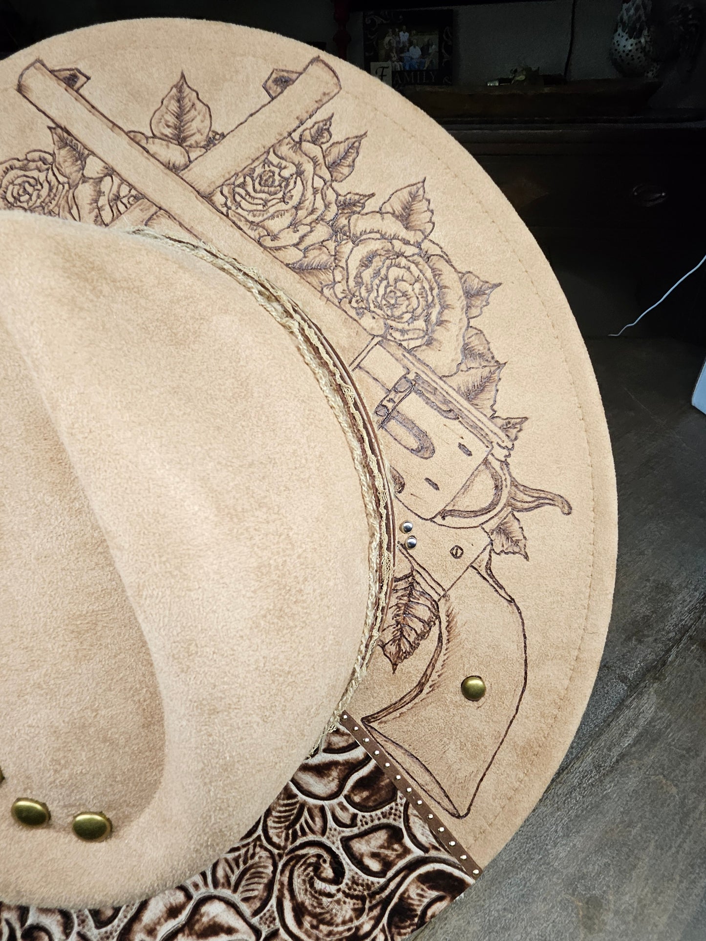 Fedora-Style Cowboy Hat Hand Burned With Guns And Roses