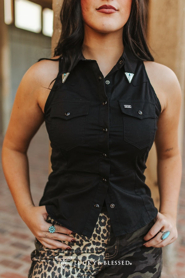 Black Sleeveless Pearl Snap Button Down Collared Concho Tip Shirt