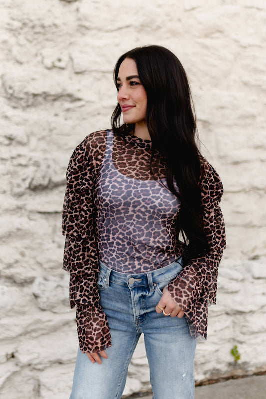 Leopard Mesh Ruffle Sleeve Top