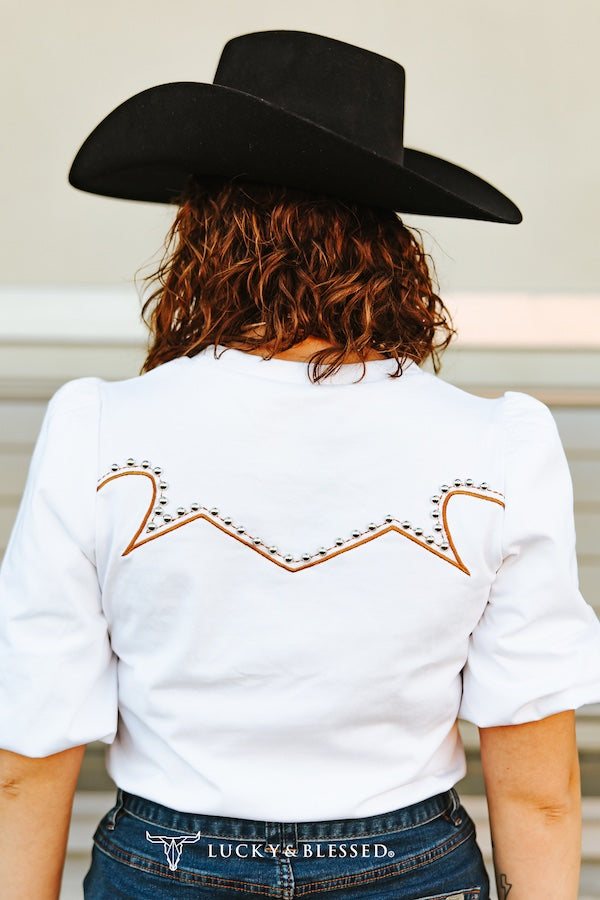 Ivory/White Camel Contrast Studded Puff Sleeve Blouse