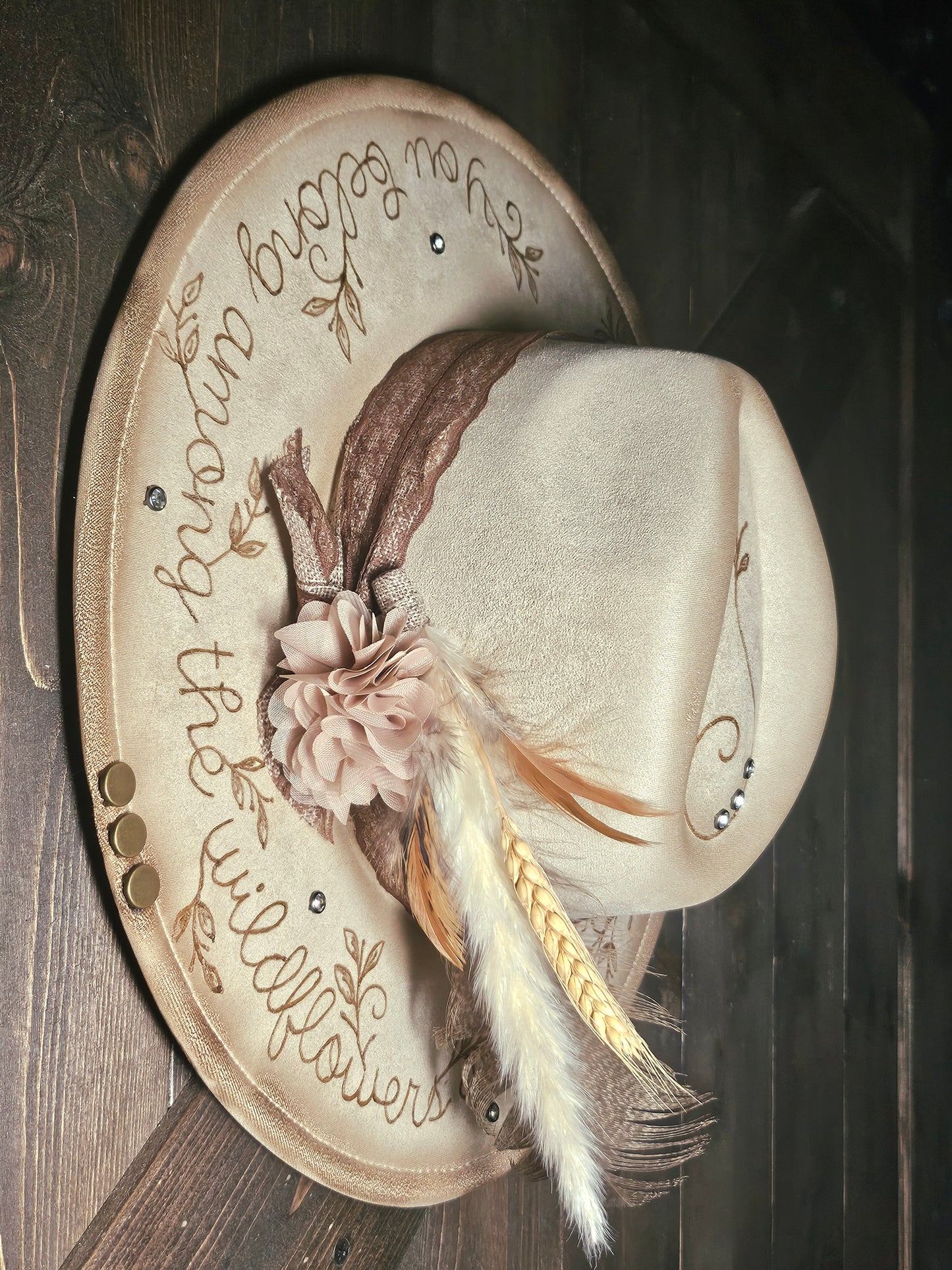 Western Fedora cowboy hat hand burned with rhinestones