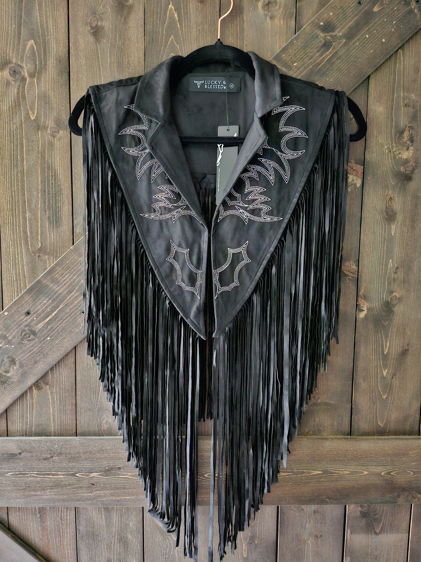 Western Fringe Black Cape With Embroidered Boot-stitched