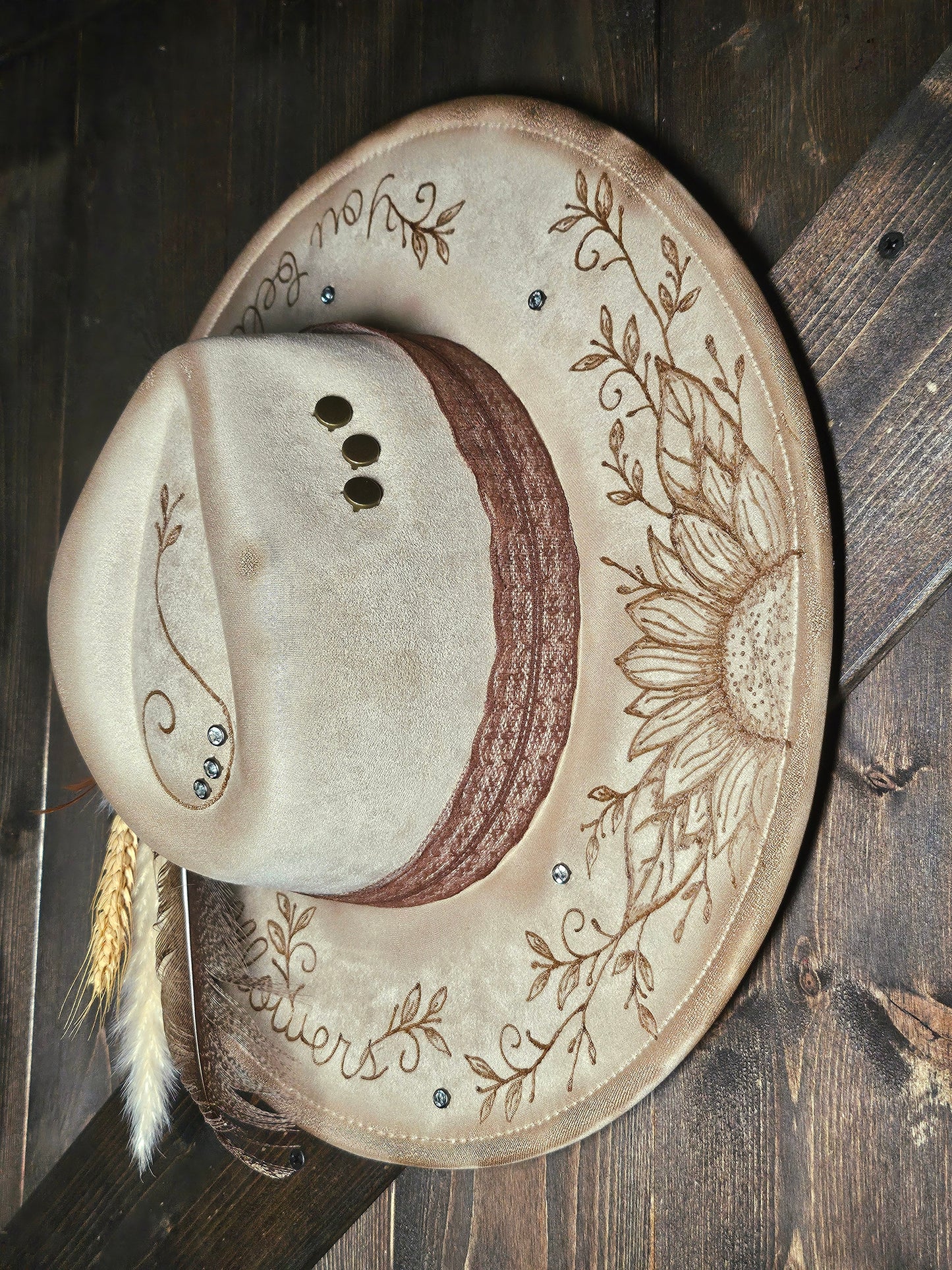 Western Fedora cowboy hat hand burned with rhinestones
