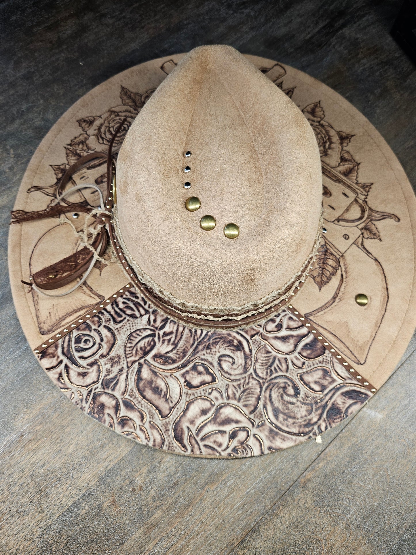 Fedora-Style Cowboy Hat Hand Burned With Guns And Roses