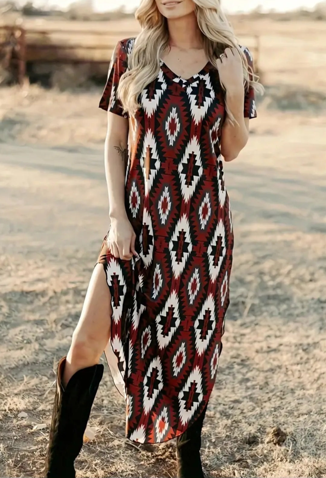 Aztec red midi side slit dress