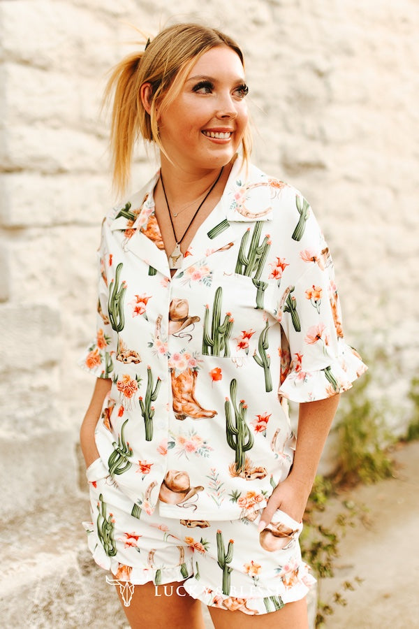 Cactus Western Printed Button Down Ruffle Sleeve Shorts Set