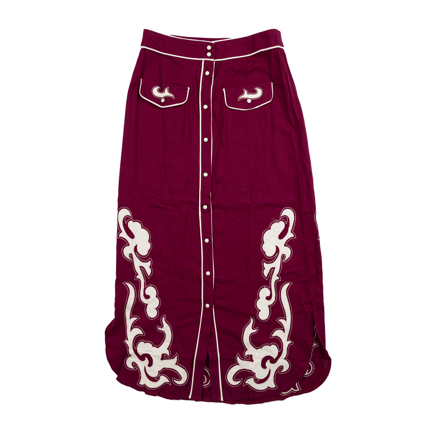Wine Boot Stitch Embroidered Snap-Front Western Maxi Skirt