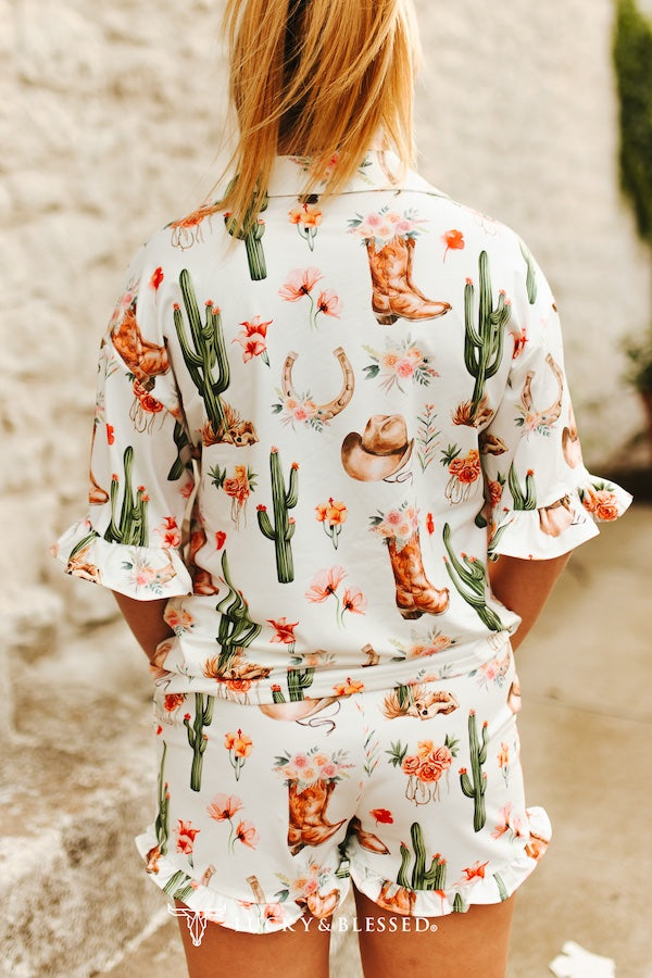 Cactus Western Printed Button Down Ruffle Sleeve Shorts Set