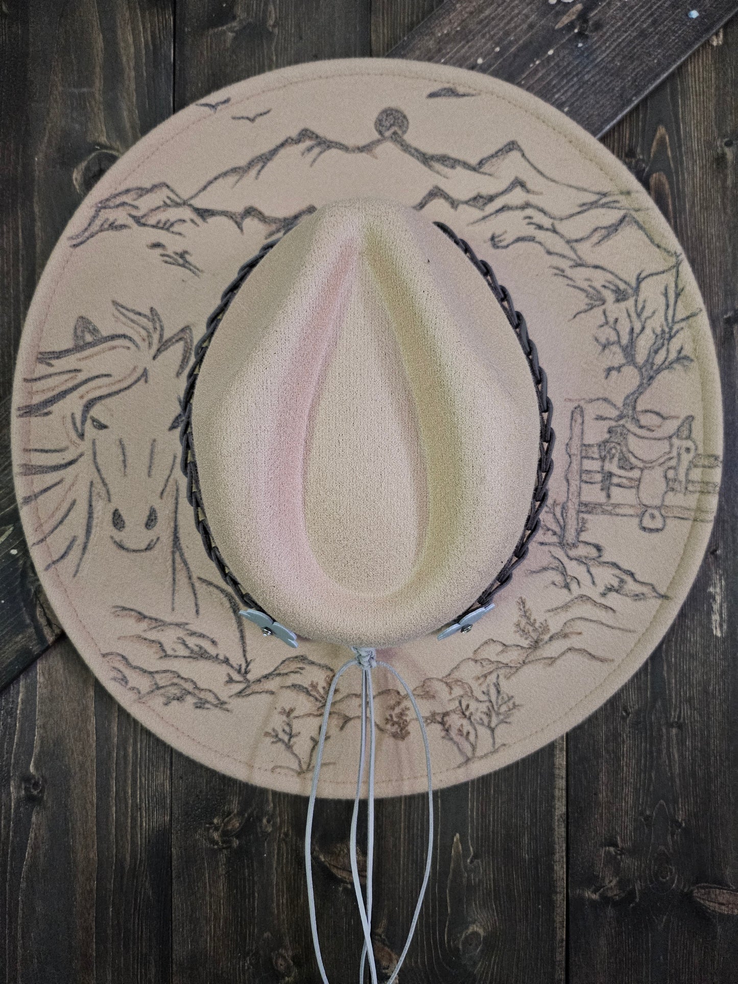 "Wild Horses" burned Fedora cowboy hat.