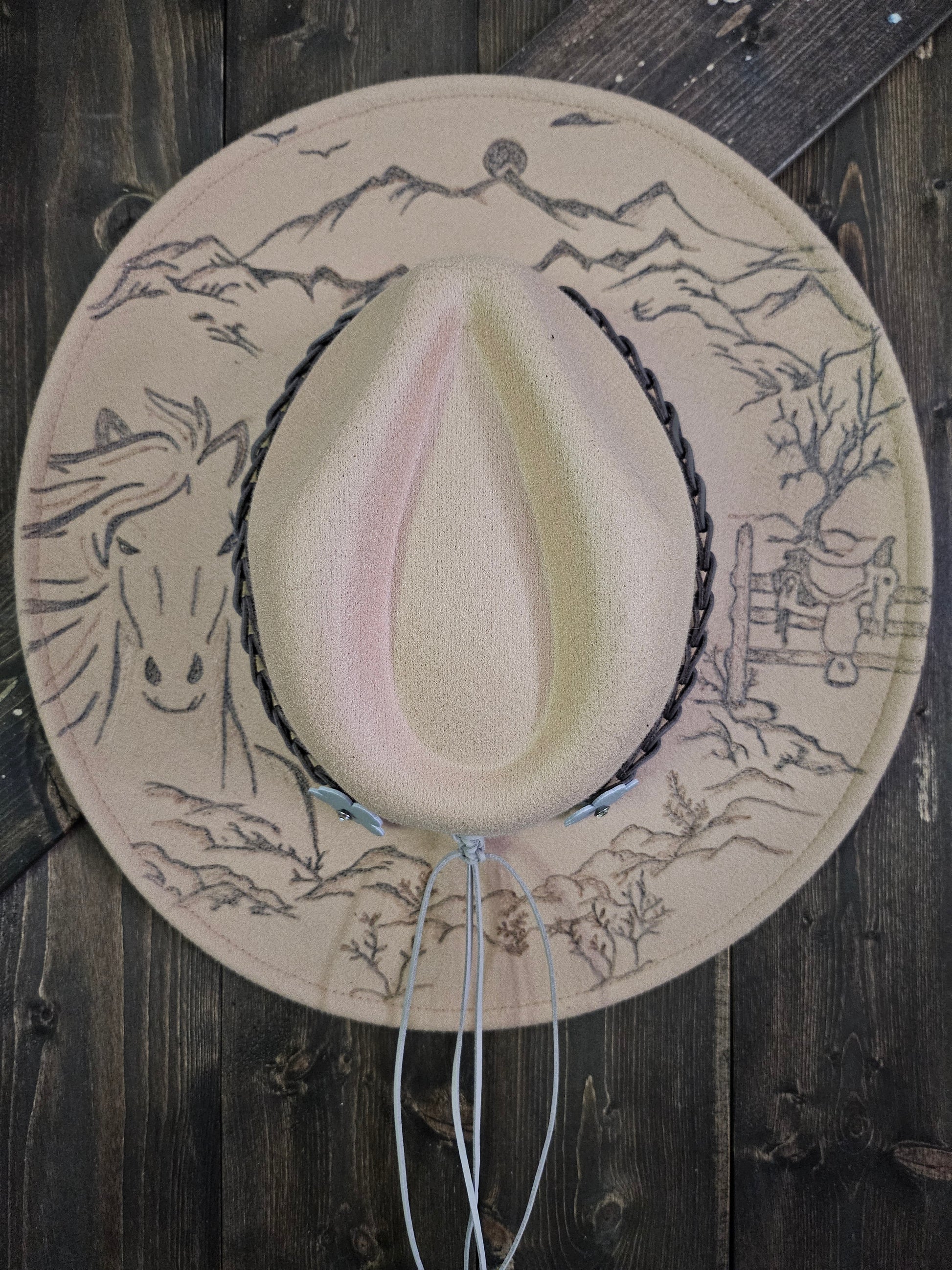 "Wild Horses" burned Fedora cowboy hat.