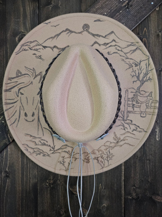 "Wild Horses" burned Fedora cowboy hat.