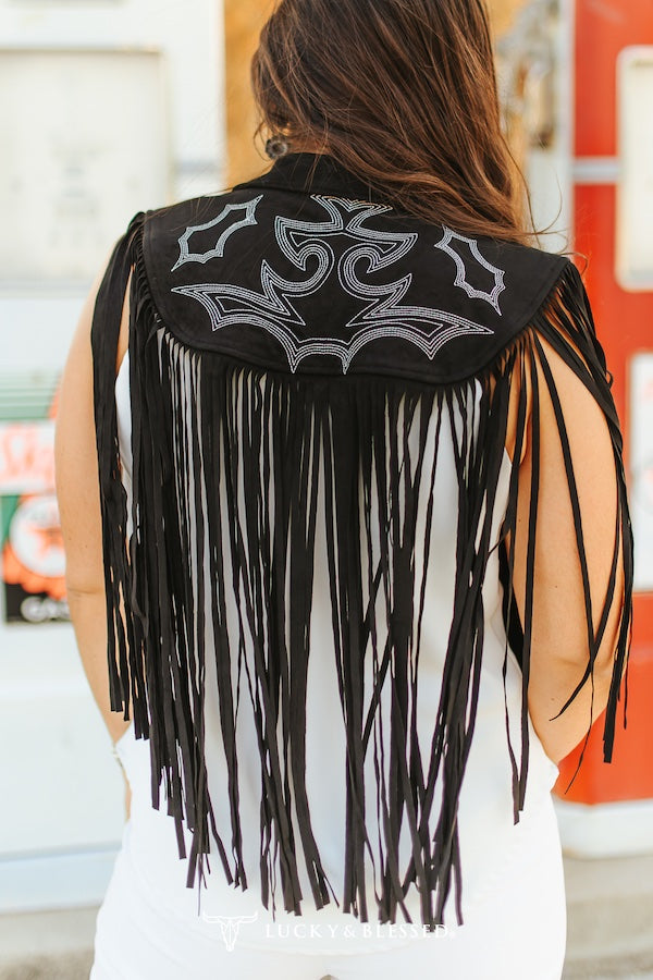 Western Fringe Black Cape With Embroidered Boot-stitched