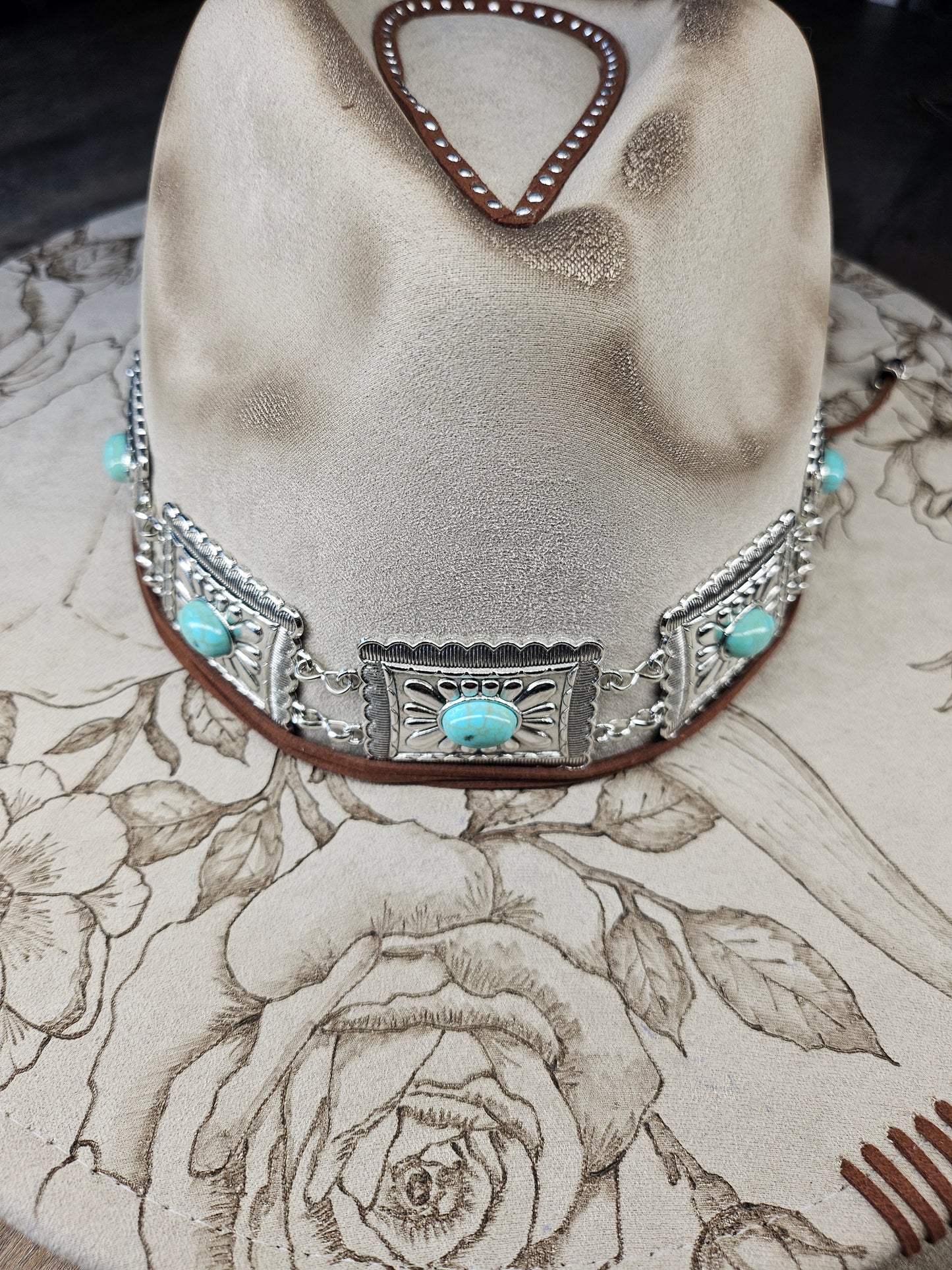 Fedora-Style Cowboy Hat Hand Burned with Roses and Cow Skull