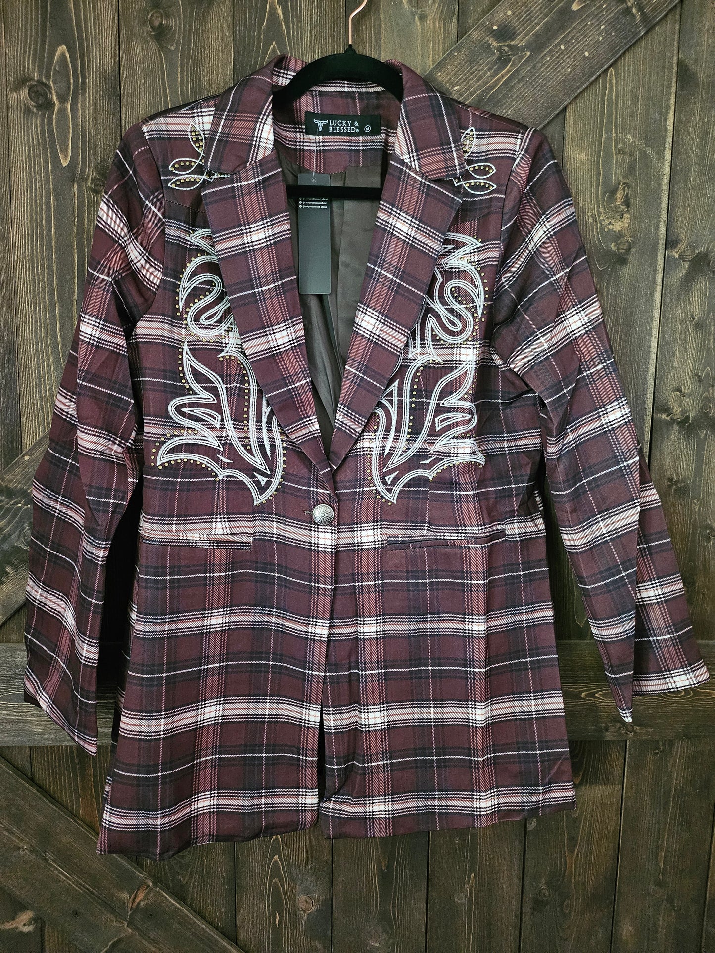 Brown Plaid Boot Stitch Embroidered Blazer Jacket
