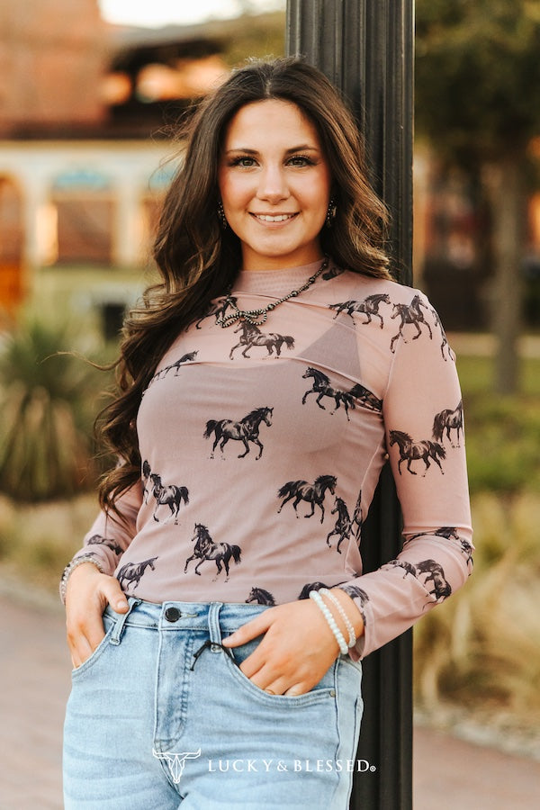 Dusty Rose Horse Printed Long Sleeve Mesh Top