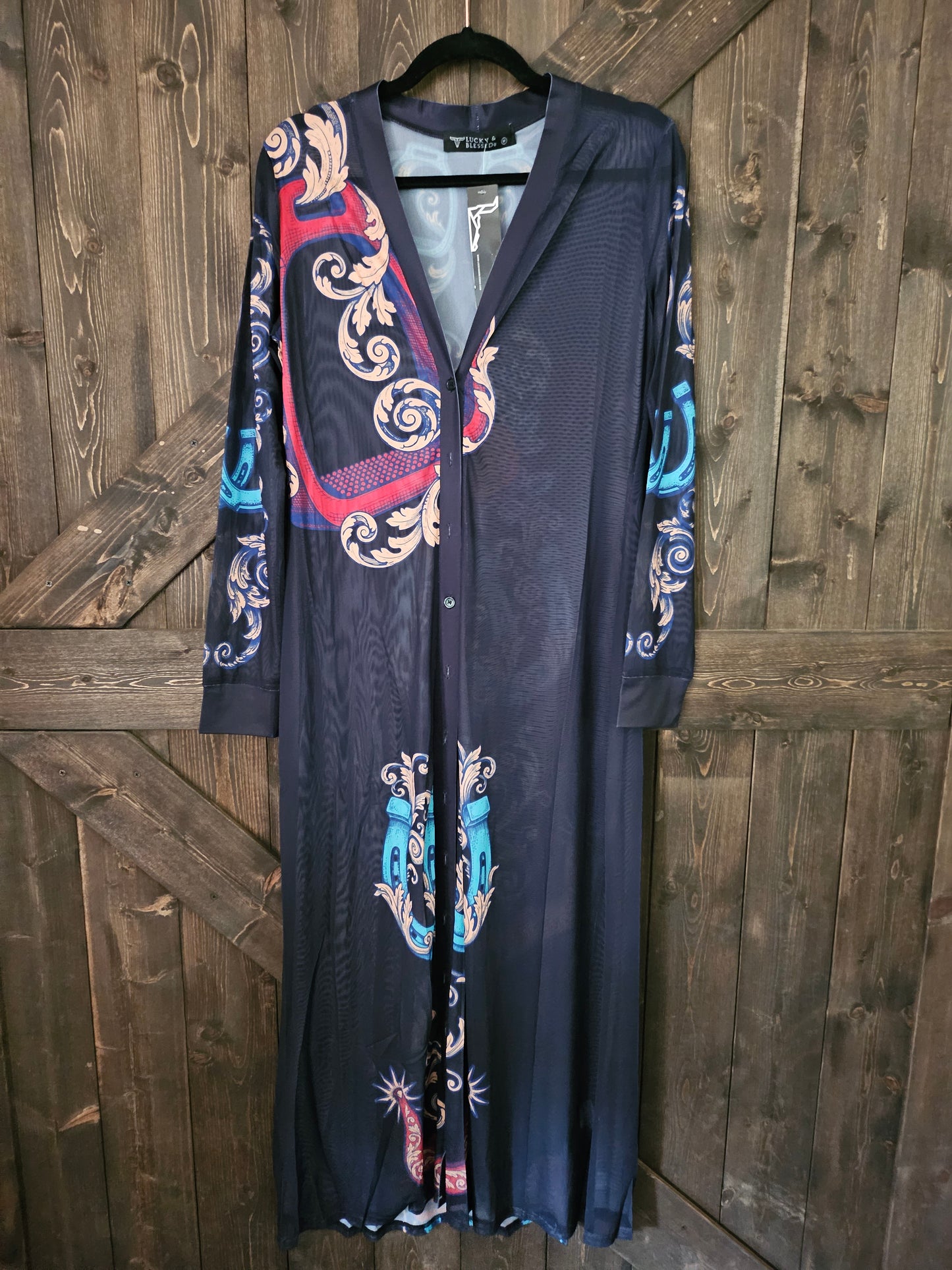 Black Horseshoe And Rose Printed Mesh Button Down Maxi Duster Dress