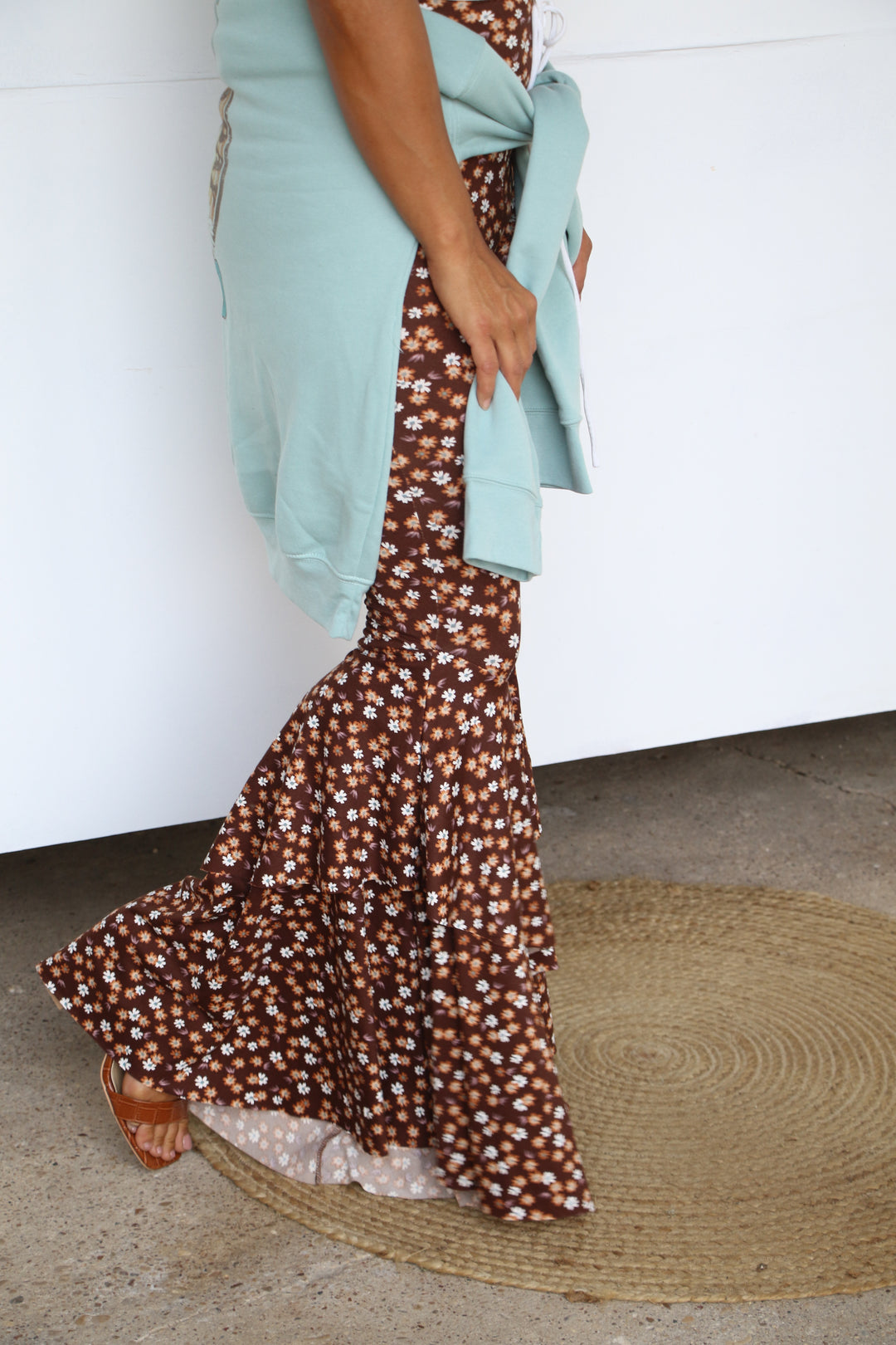 Brown Floral Stretch Pants Bell Ruffled Bottom