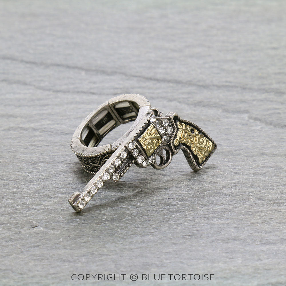 Western Silver and Gold Rhinestone Pistol Stretch Ring