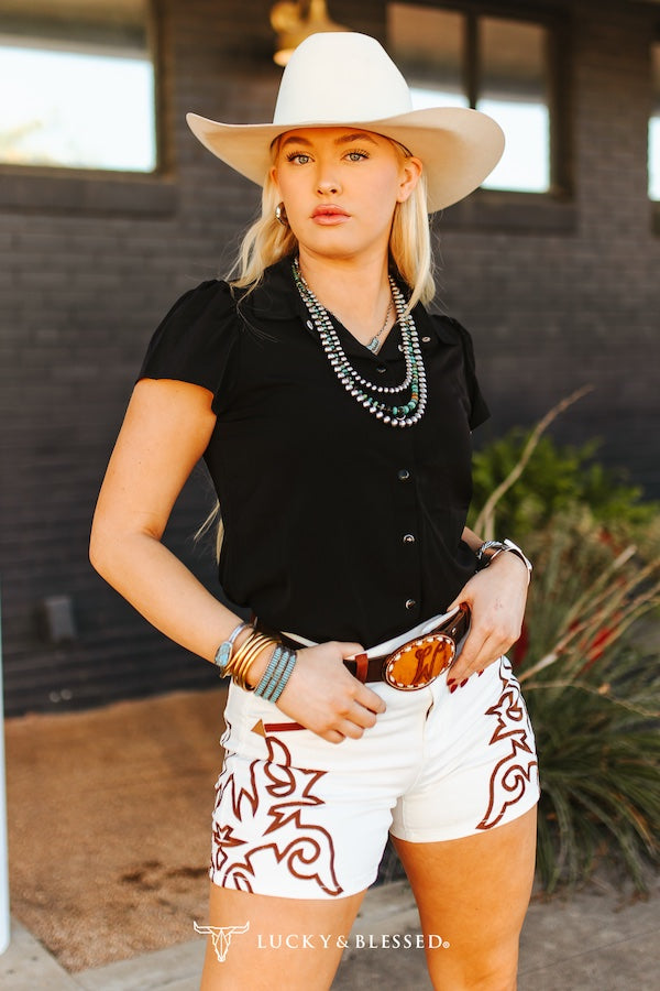 Ivory Embroidered Shorts with Brown Trim Western Pocket Boot-stitch