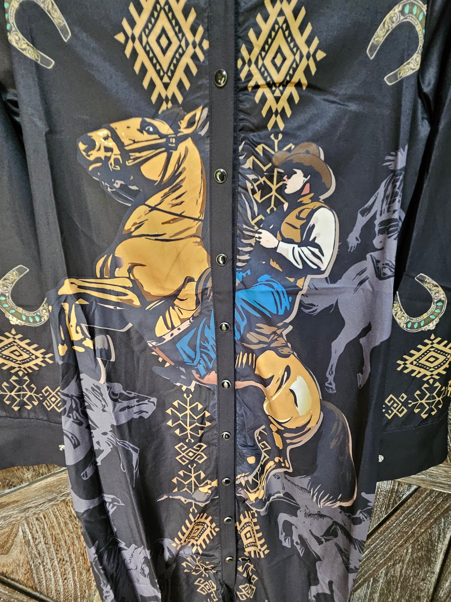 Black Riding Cowboy Aztec Button Down Maxi Shirt Dress