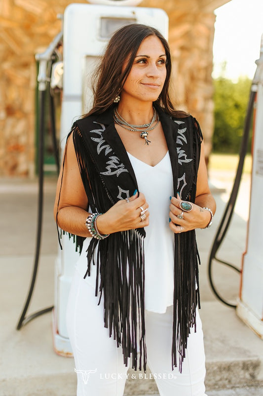 Western Fringe Black Cape With Embroidered Boot-stitched