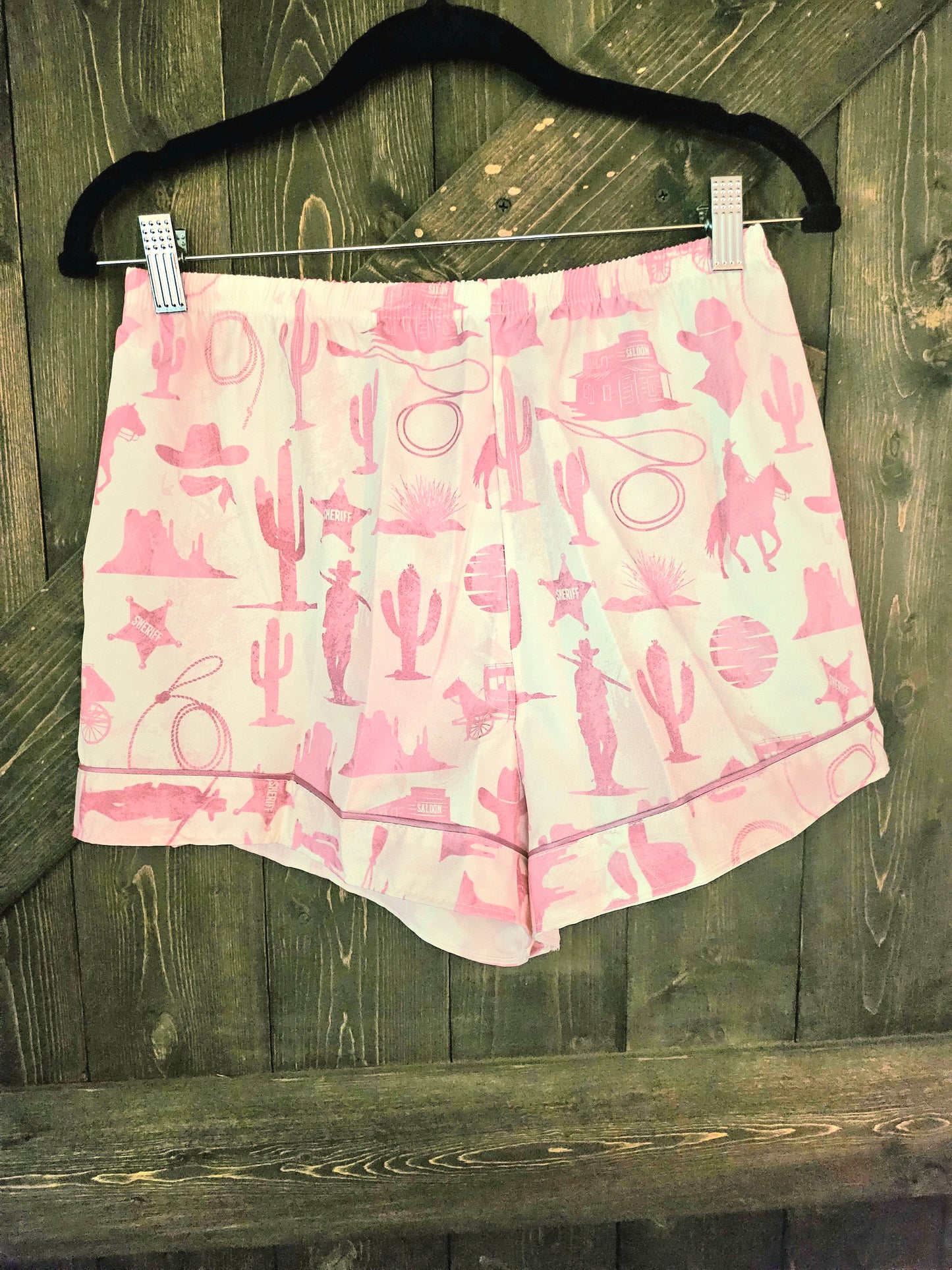 Cream Pink Western Printed Button Down Shorts Pajama Set