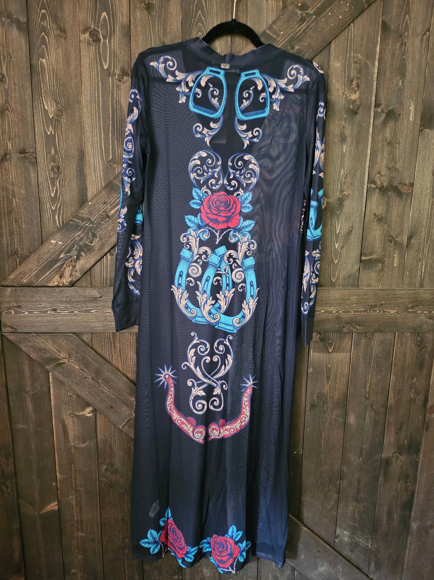 Black Horseshoe And Rose Printed Mesh Button Down Maxi Duster Dress