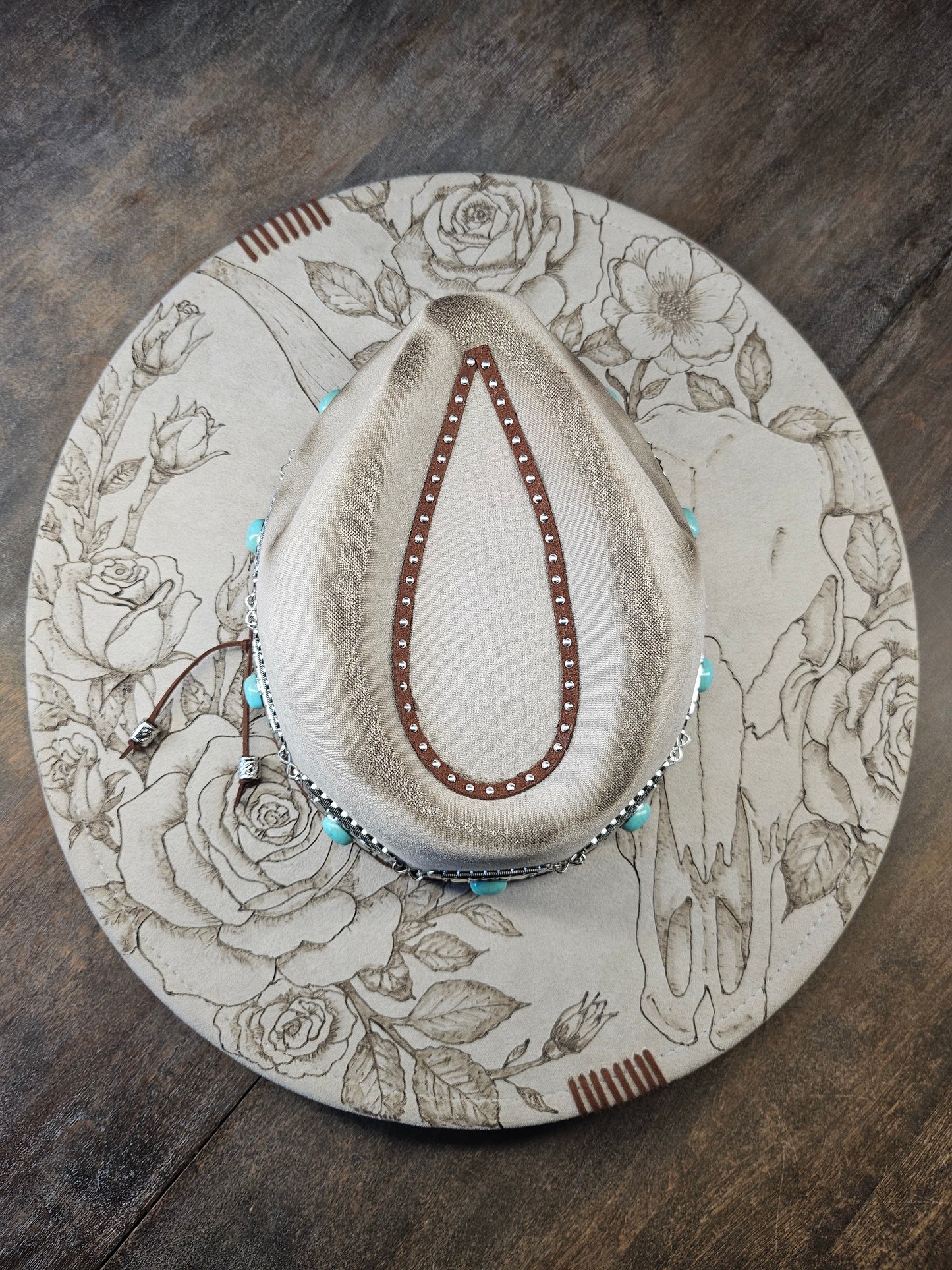Fedora-Style Cowboy Hat Hand Burned with Roses and Cow Skull