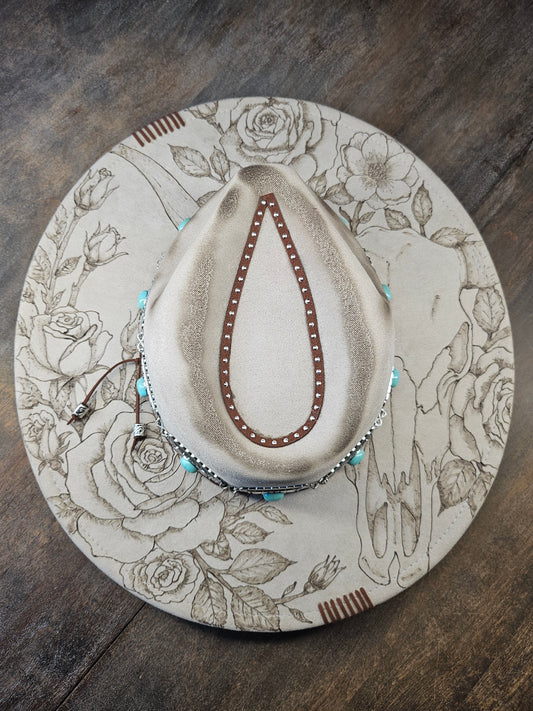 Fedora-Style Cowboy Hat Hand Burned with Roses and Cow Skull