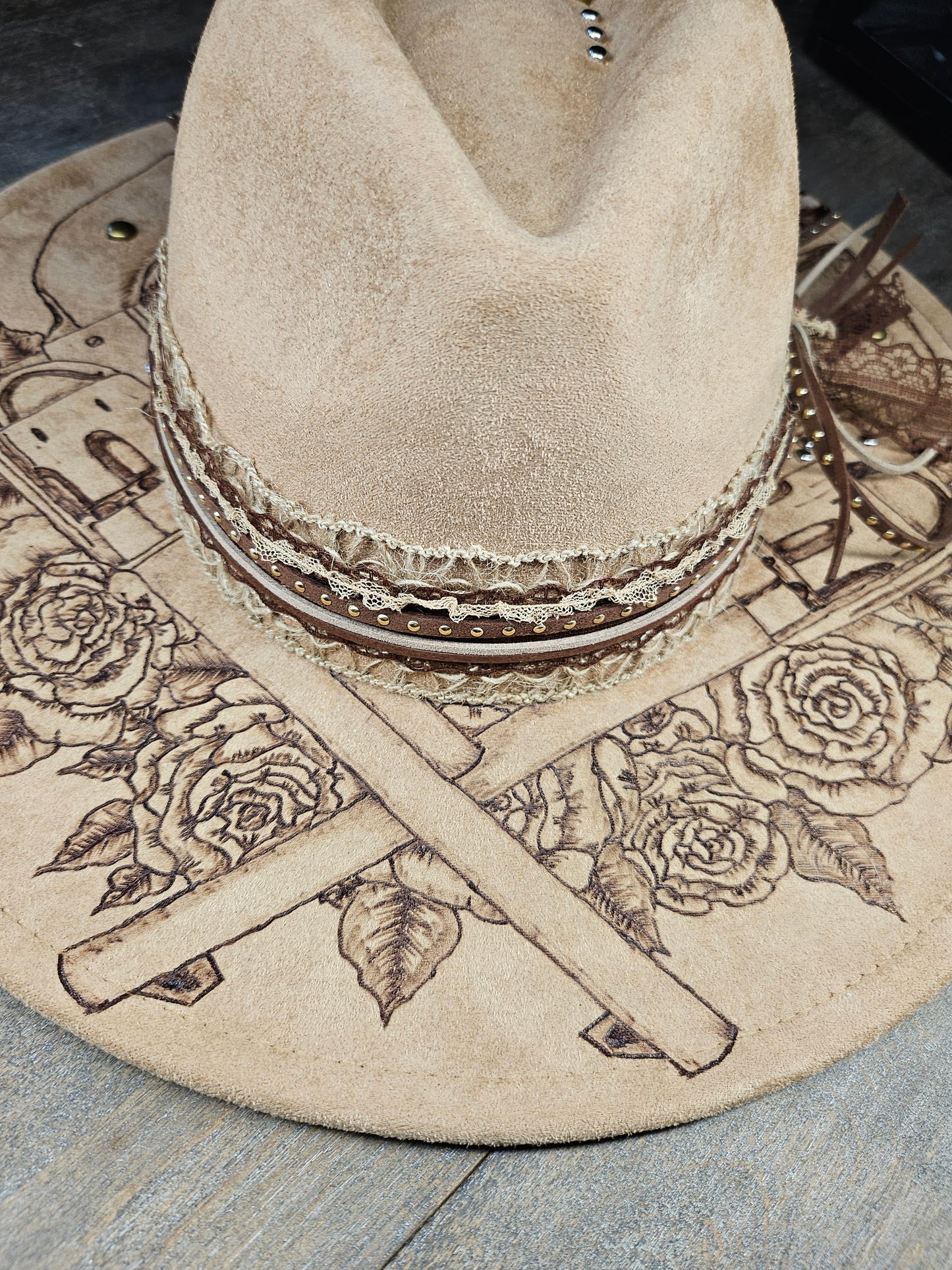 Fedora-Style Cowboy Hat Hand Burned With Guns And Roses
