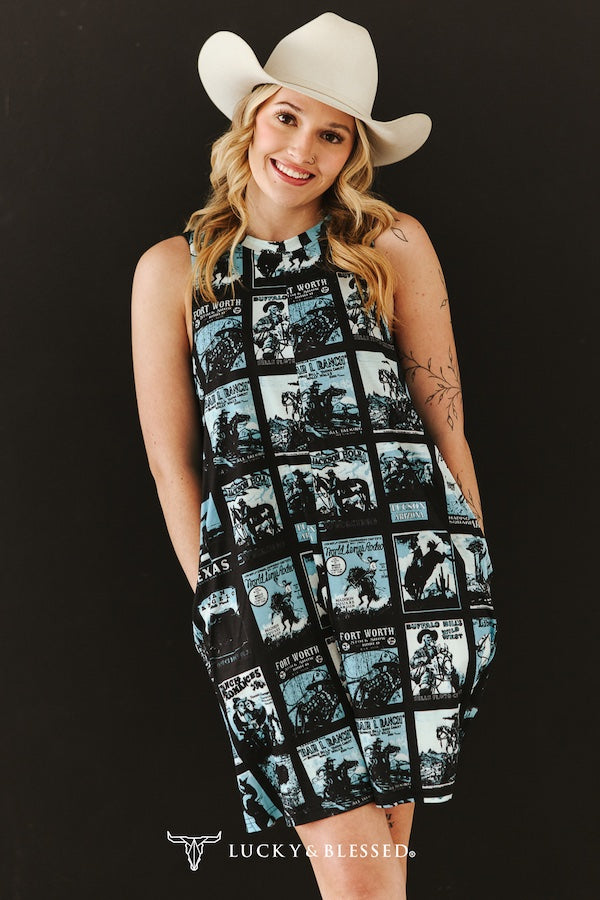 Black and Turquoise Western Print Sleeveless Dress