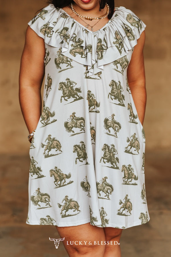 Beige Western Horse Print Ruffle Dress