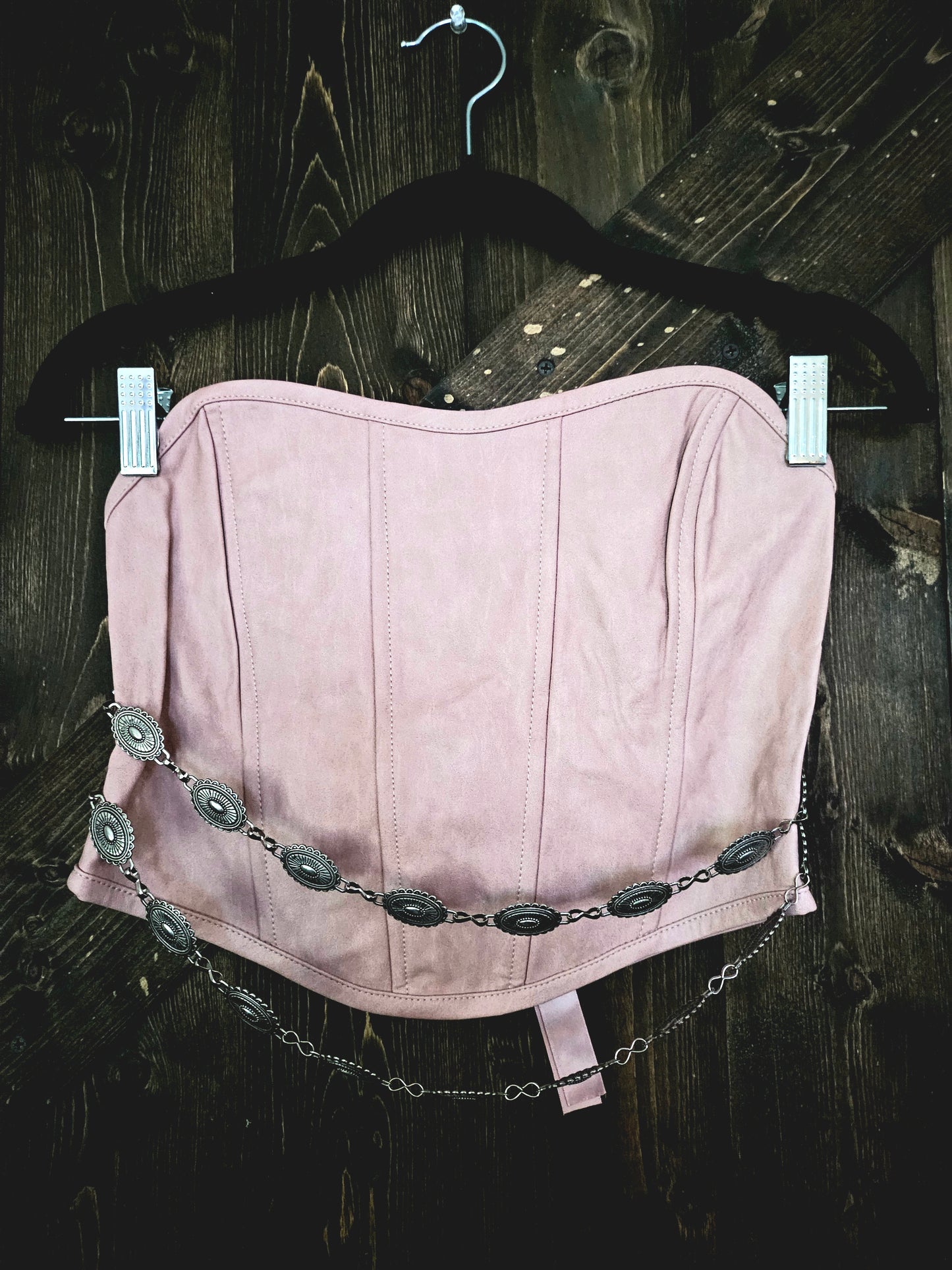 Pink Corset Top W Concho Chain Detail on Faux Leather