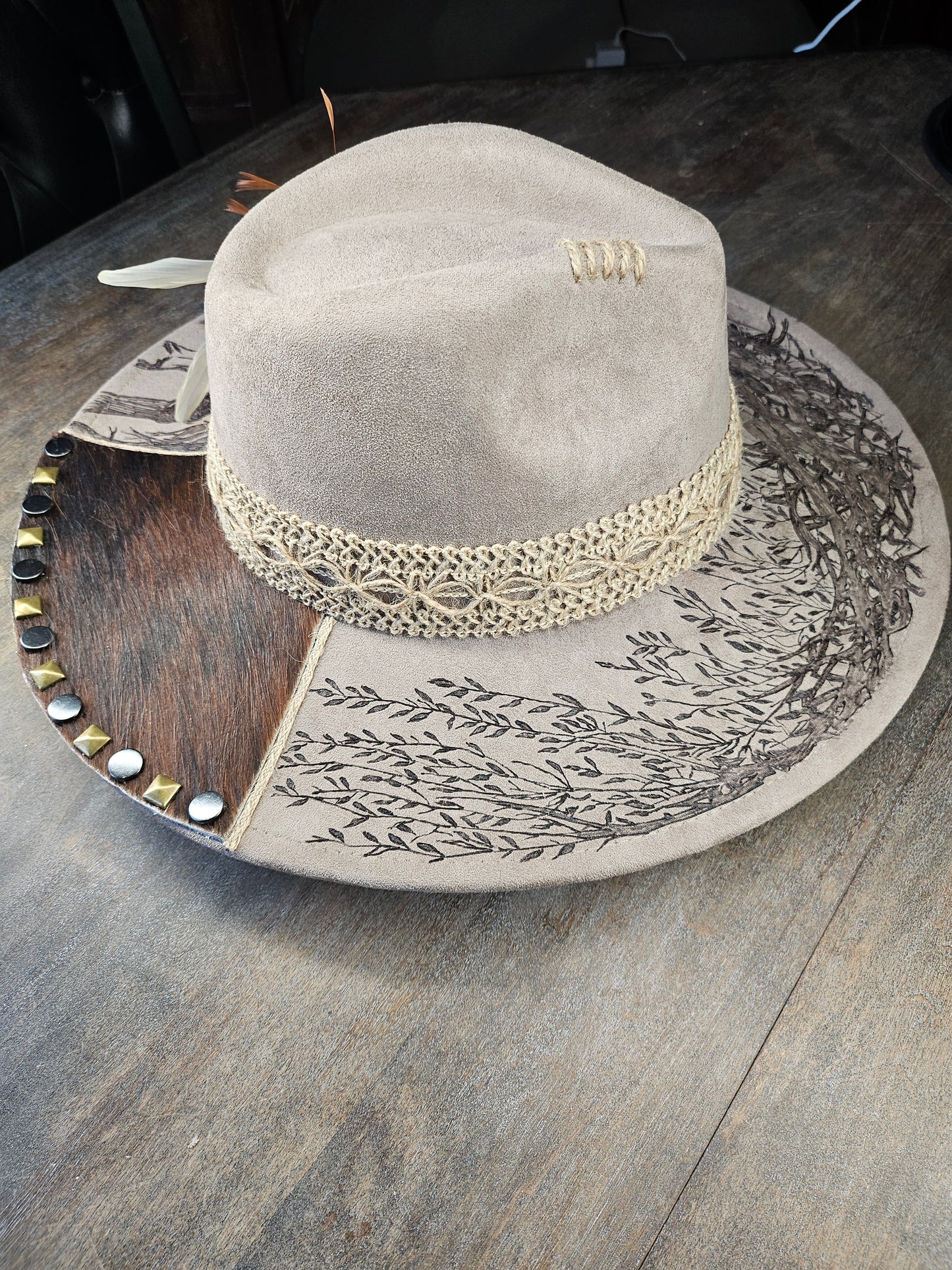 Fedora-Style Cowboy Hat Hand Burned With Horse And Weeping Willow