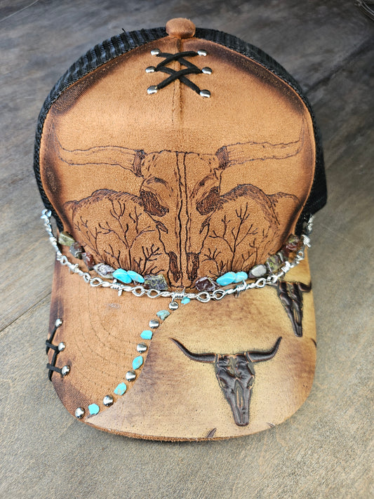 Black And Tan Suede Trucker Hat Hand Burned With Genuine Leather