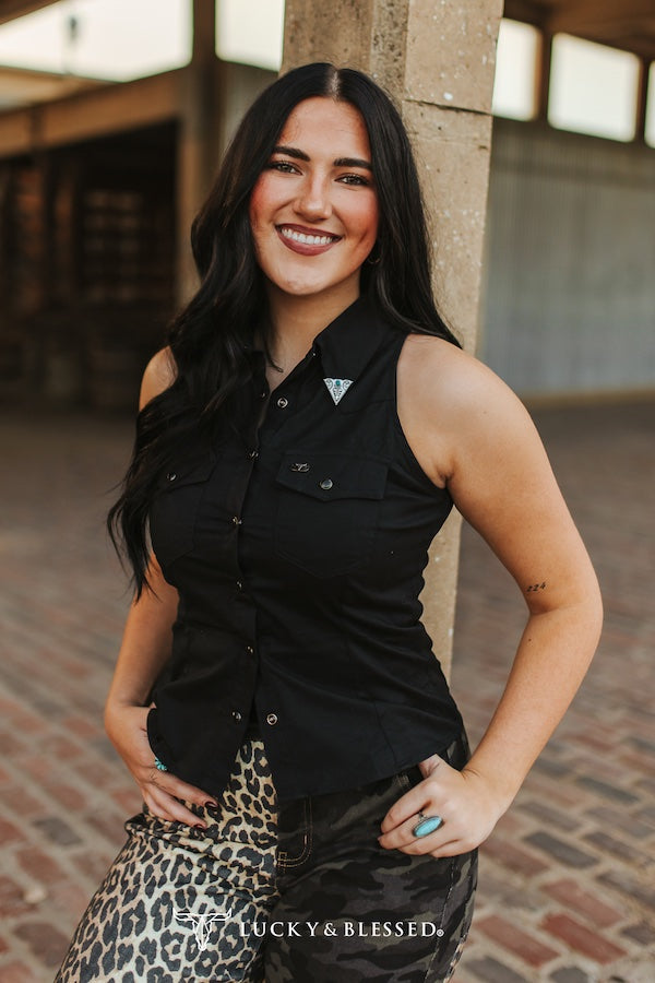 Black Sleeveless Pearl Snap Button Down Collared Concho Tip Shirt
