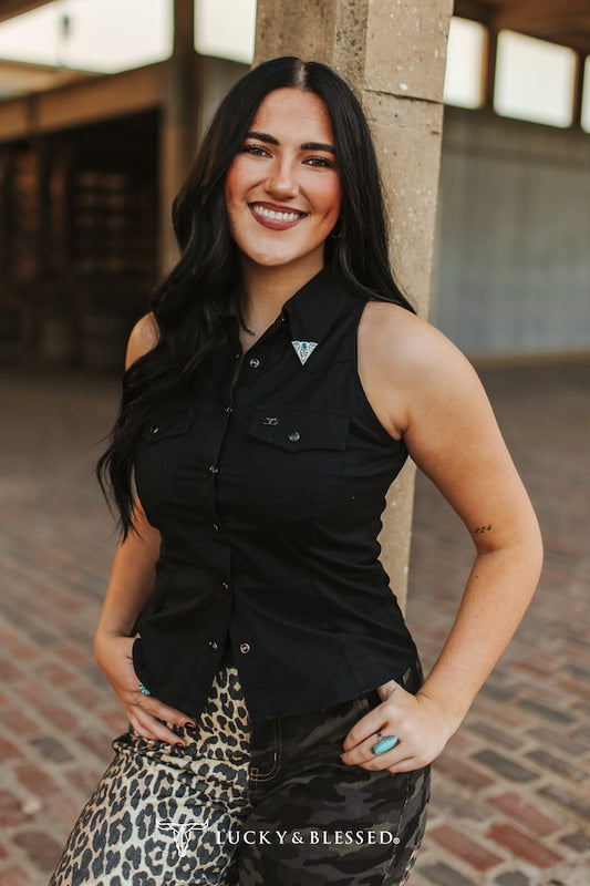 Black Sleeveless Pearl Snap Button Down Collared Concho Tip Shirt