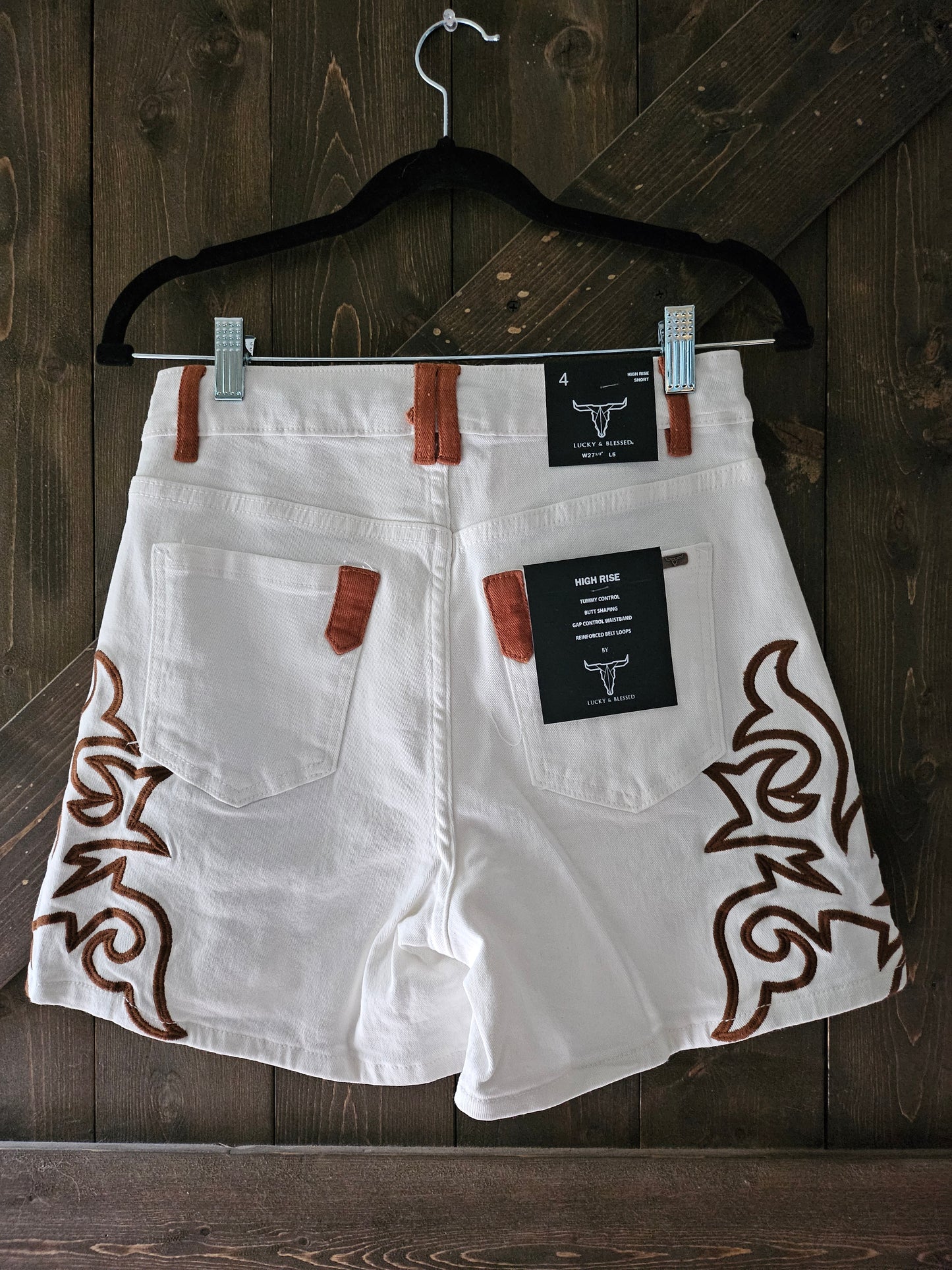 Ivory Embroidered Shorts with Brown Trim Western Pocket Boot-stitch