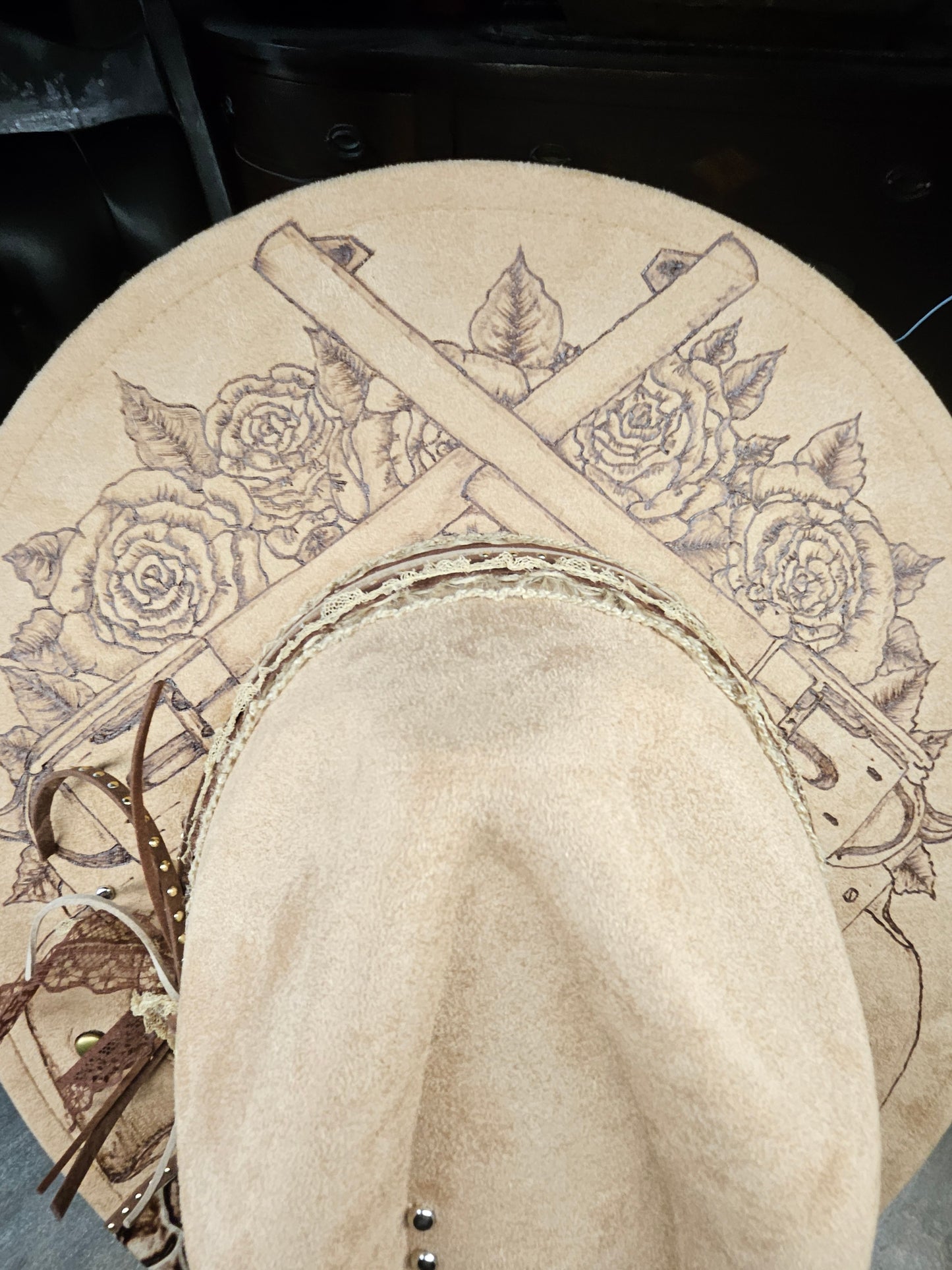 Fedora-Style Cowboy Hat Hand Burned With Guns And Roses