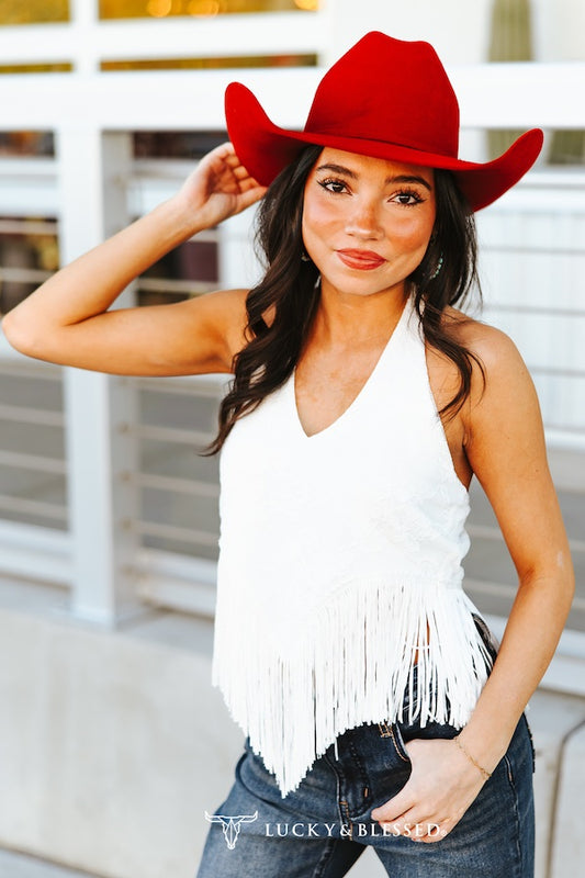 White/Ivory Lace Fringe Hem Halter Top