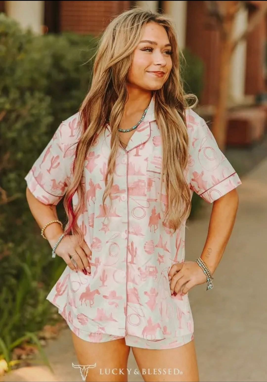 Cream Pink Western Printed Button Down Shorts Pajama Set