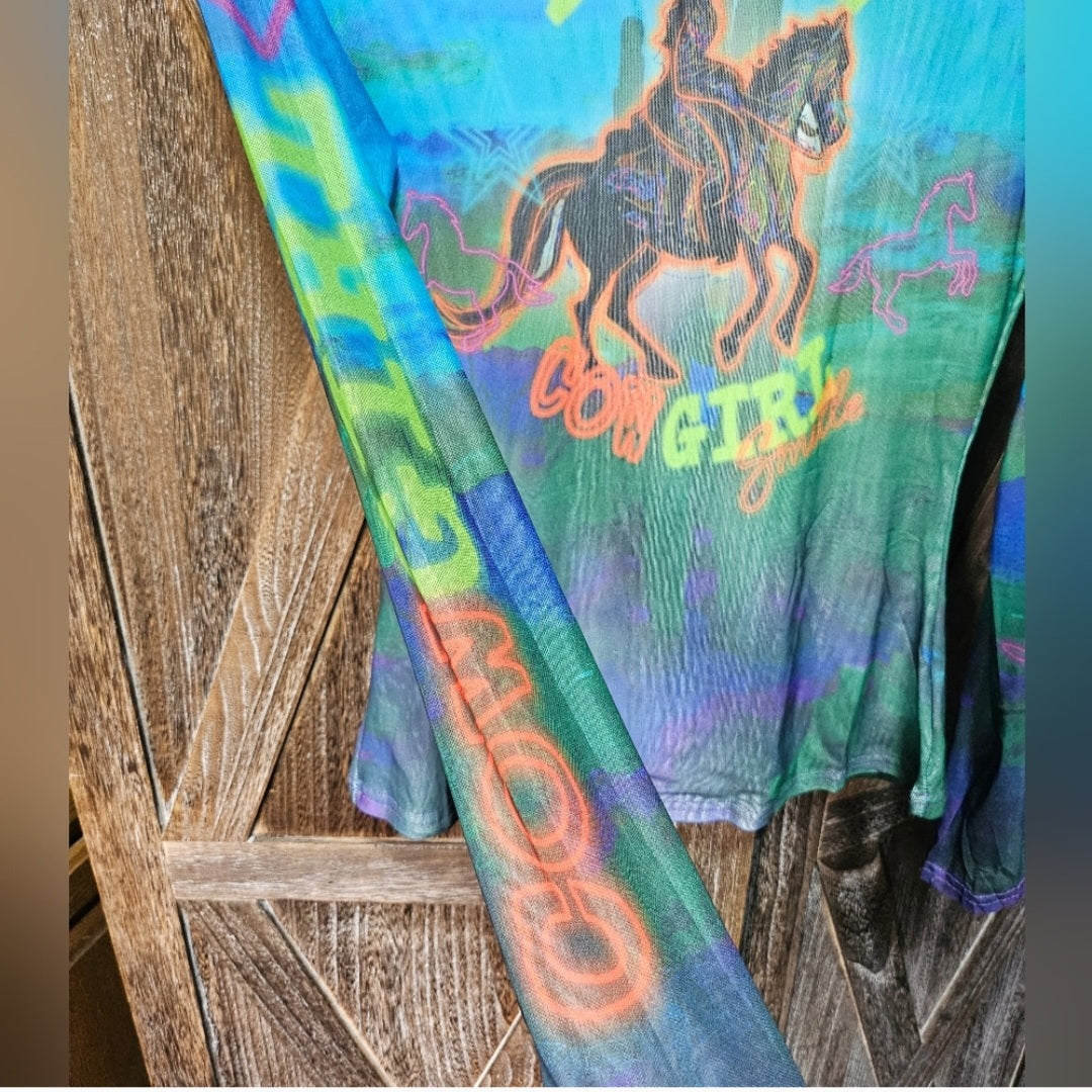 Multi Color Cowgirl Long Sleeve Mesh Top
