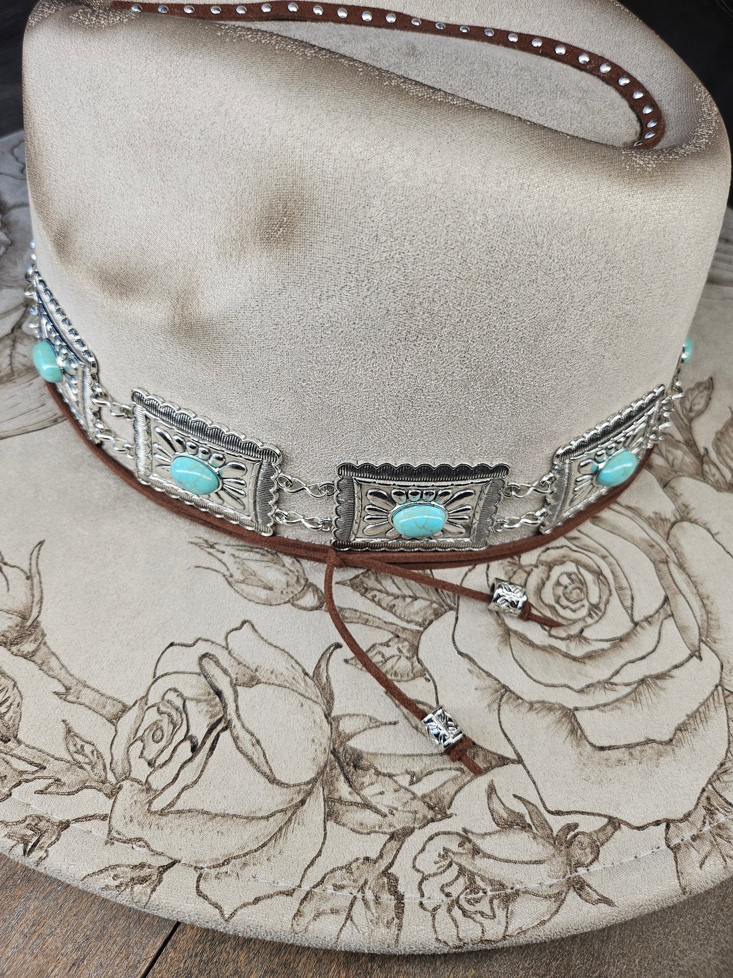 Fedora-Style Cowboy Hat Hand Burned with Roses and Cow Skull